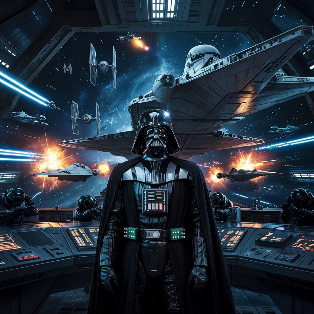 우주 전투를 배경으로 제국군 전함 내부에 서 있는 다스 베이더, 주위에는 타이 파이터와 폭발하는 우주선들이 보이는 스타워즈 세계관 장면