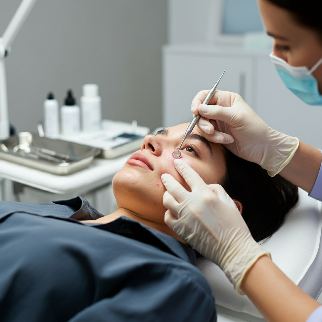 피부과에서 여드름 압출 치료를 받고 있는 환자, 의료 도구가 보이는 깔끔한 진료실에서 전문적인 치료를 진행하는 장면