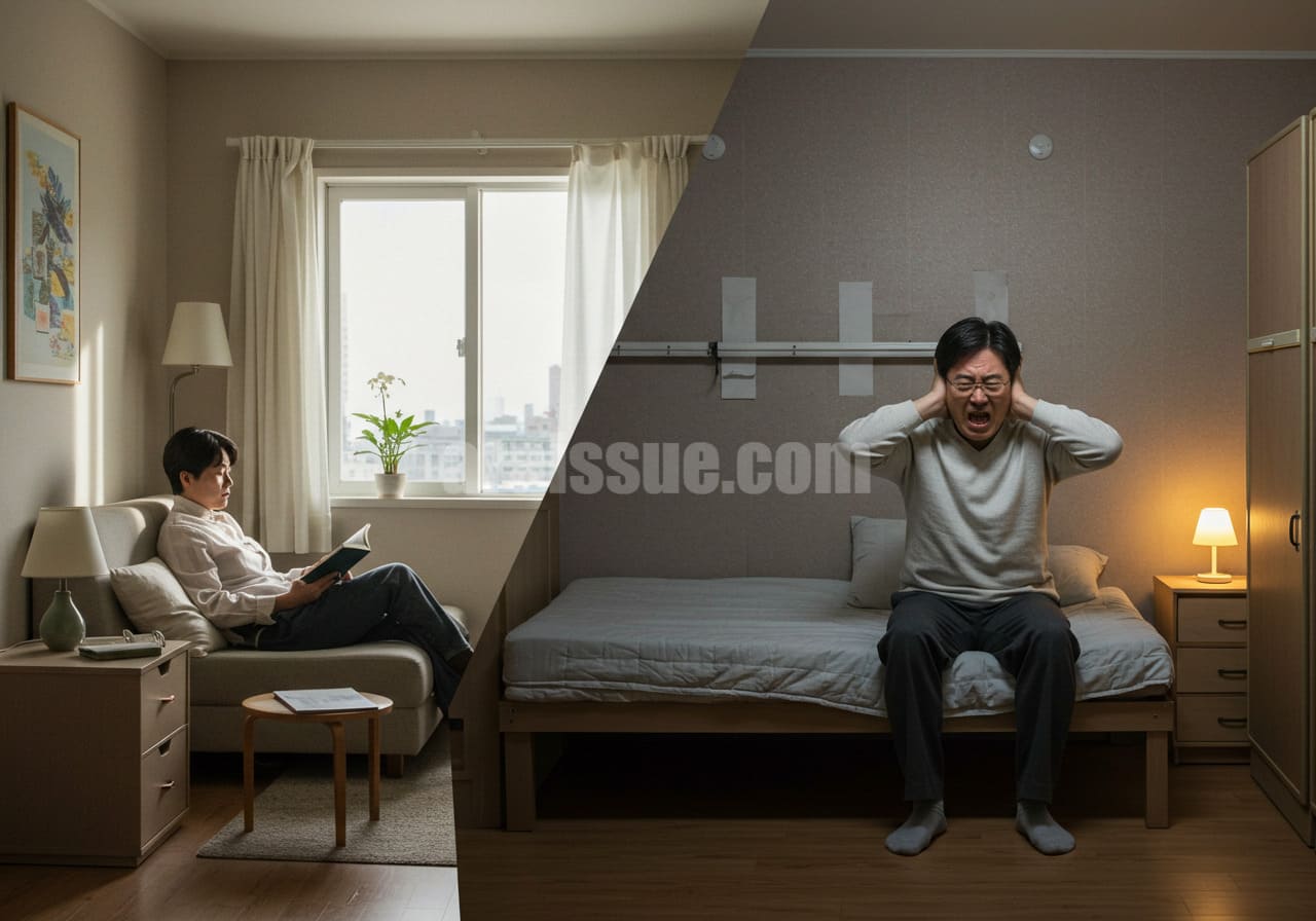 고급 아파트에서는 조용히 독서 중인 사람과, 낡은 주택에서는 층간소음에 귀를 막은 남성이 대비되는 장면