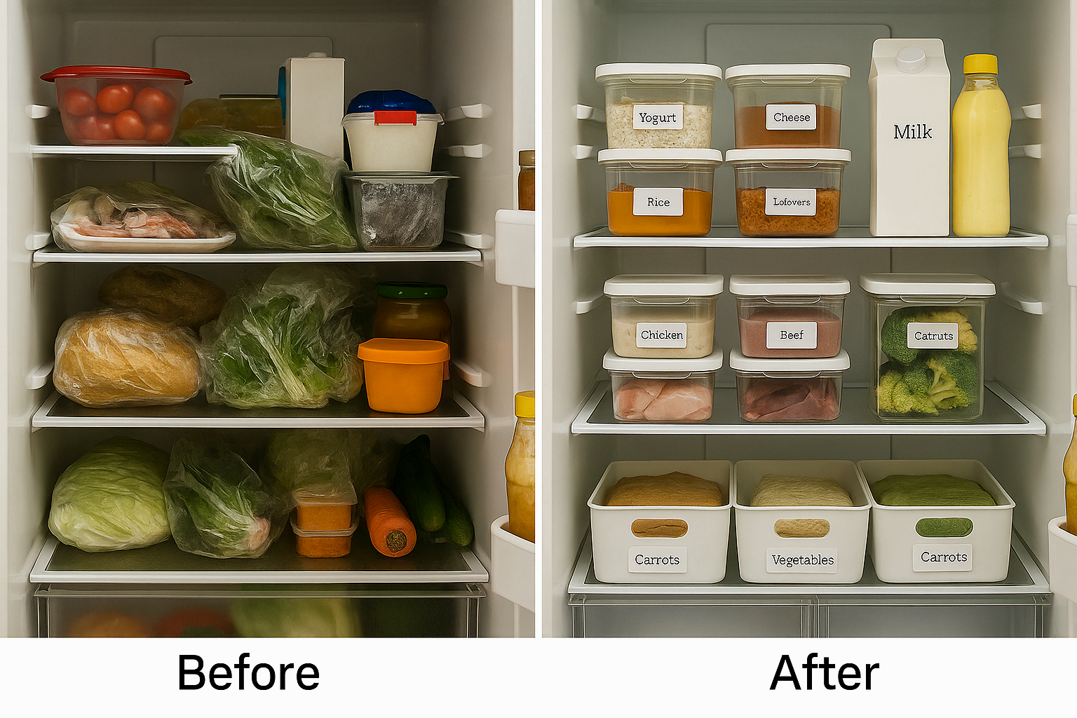 냉장고 정리 전후 비교, 왼쪽은 어지럽고 오른쪽은 투명 용기와 라벨로 정리된 모습