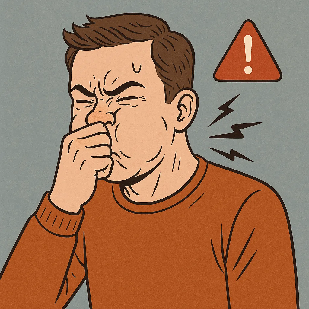 재채기를-참는-위험성을-표현한-일러스트로,-남성이-코와-입을-막고-재채기를-억누르며-불편한-표정을-짓는-모습이-묘사되어,-내부-압력으로-인한-건강-위험을-상징함.