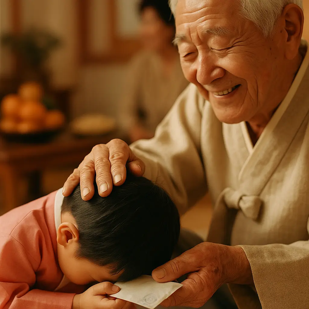 한복을 입은 아이가 세배를 하고 어르신이 미소 지으며 덕담과 함께 용돈 봉투를 건네는 따뜻한 명절 풍경