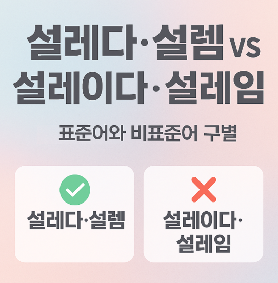 설레다 설렘 설레이다 설레임 – 표준어와 비표준어 구별을 쉽게 나타낸 이미지 '말맛연구소 한글 맞춤법 시리즈 33화 내용'