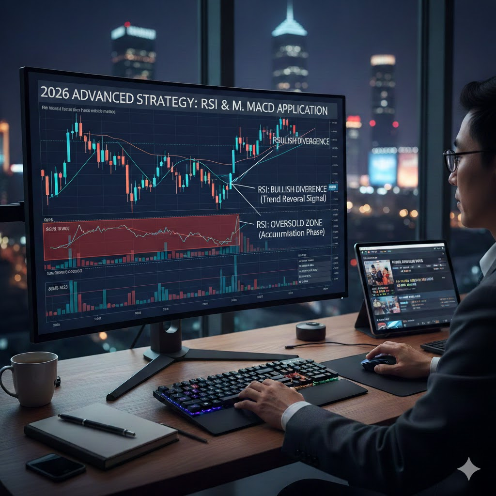 2026년 변동성 장세에 대응하기 위해 RSI 다이버전스와 MACD 히스토그램의 흐름을 동시에 확인하며 차트를 분석 중인 투자자의 모습