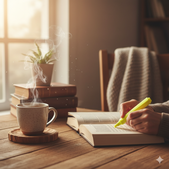 독서 루틴 이미지, 커피와 책