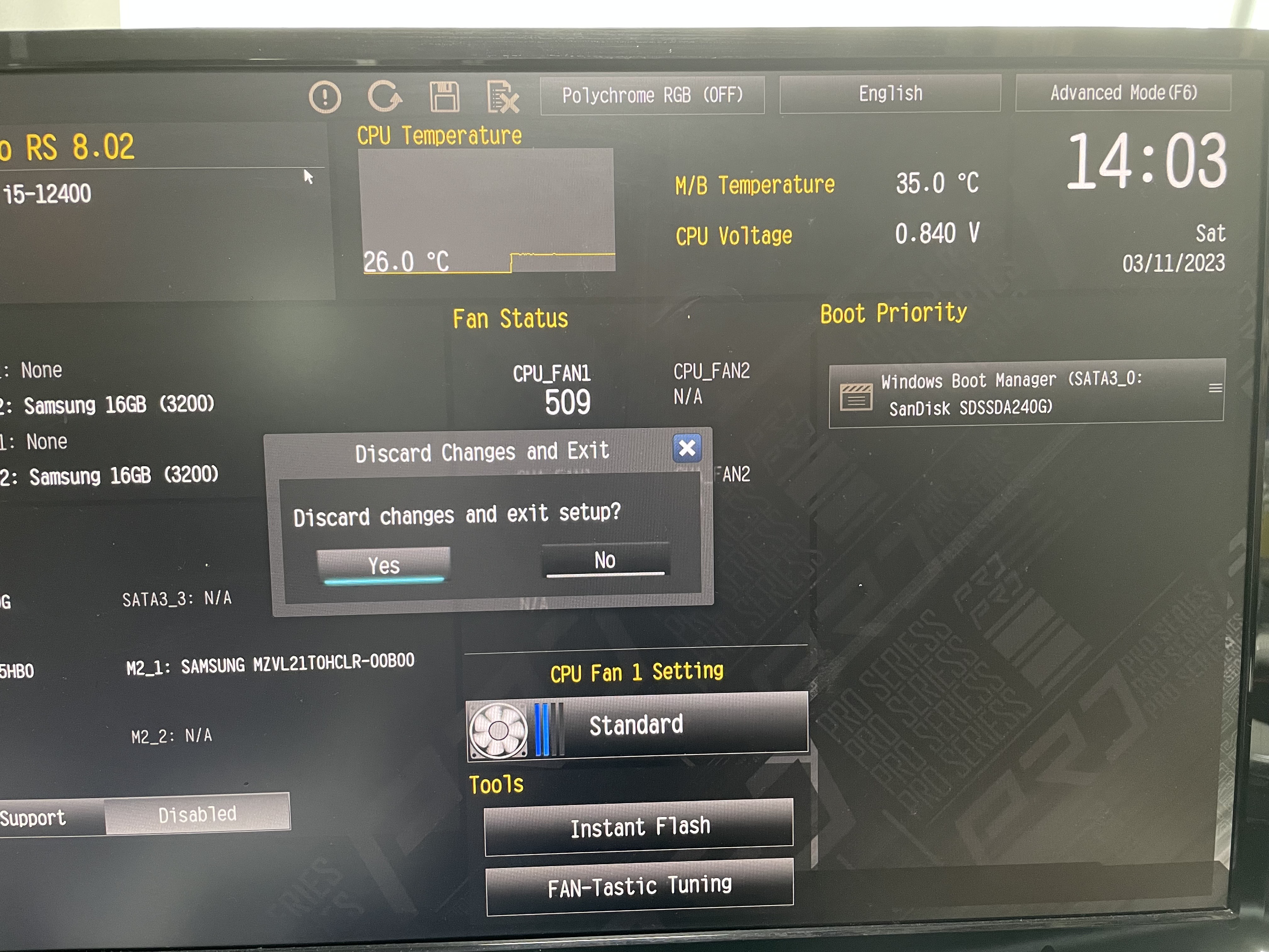Discard changes and exit setup?