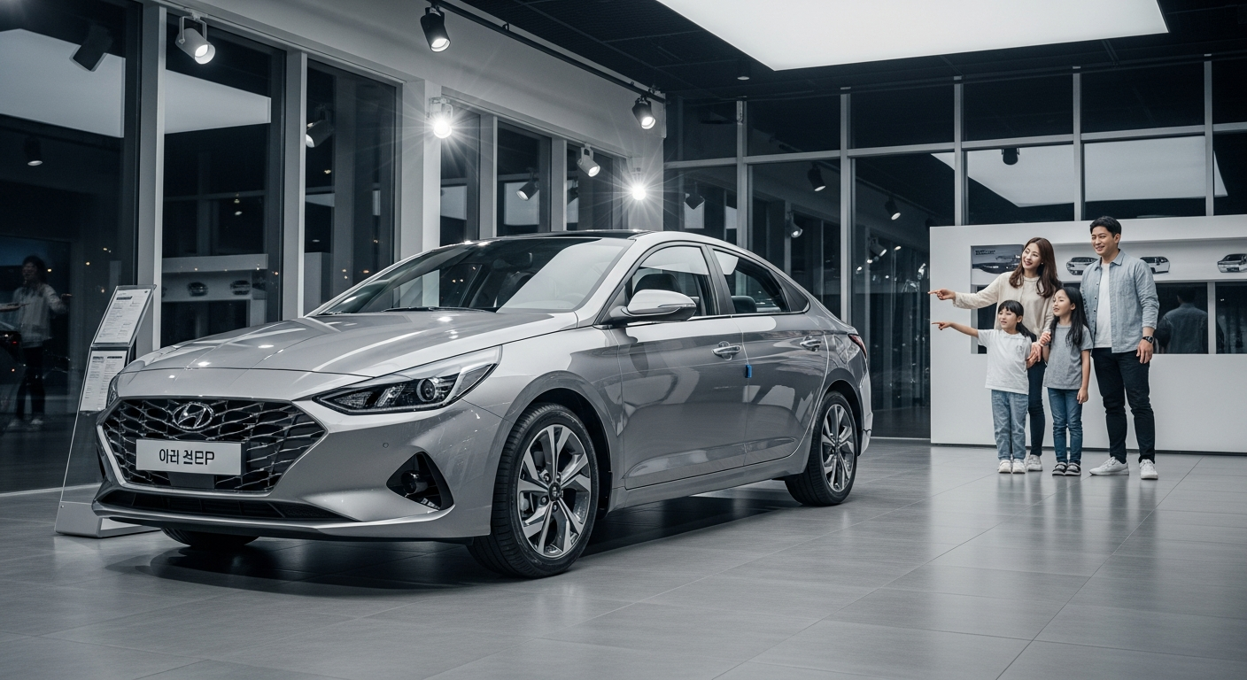 새롭게 출고된 현대자동차 옆에서 현대카드를 들고 있는 사람의 모습으로, 신차 구매 시 캐시백 혜택을 암시함.