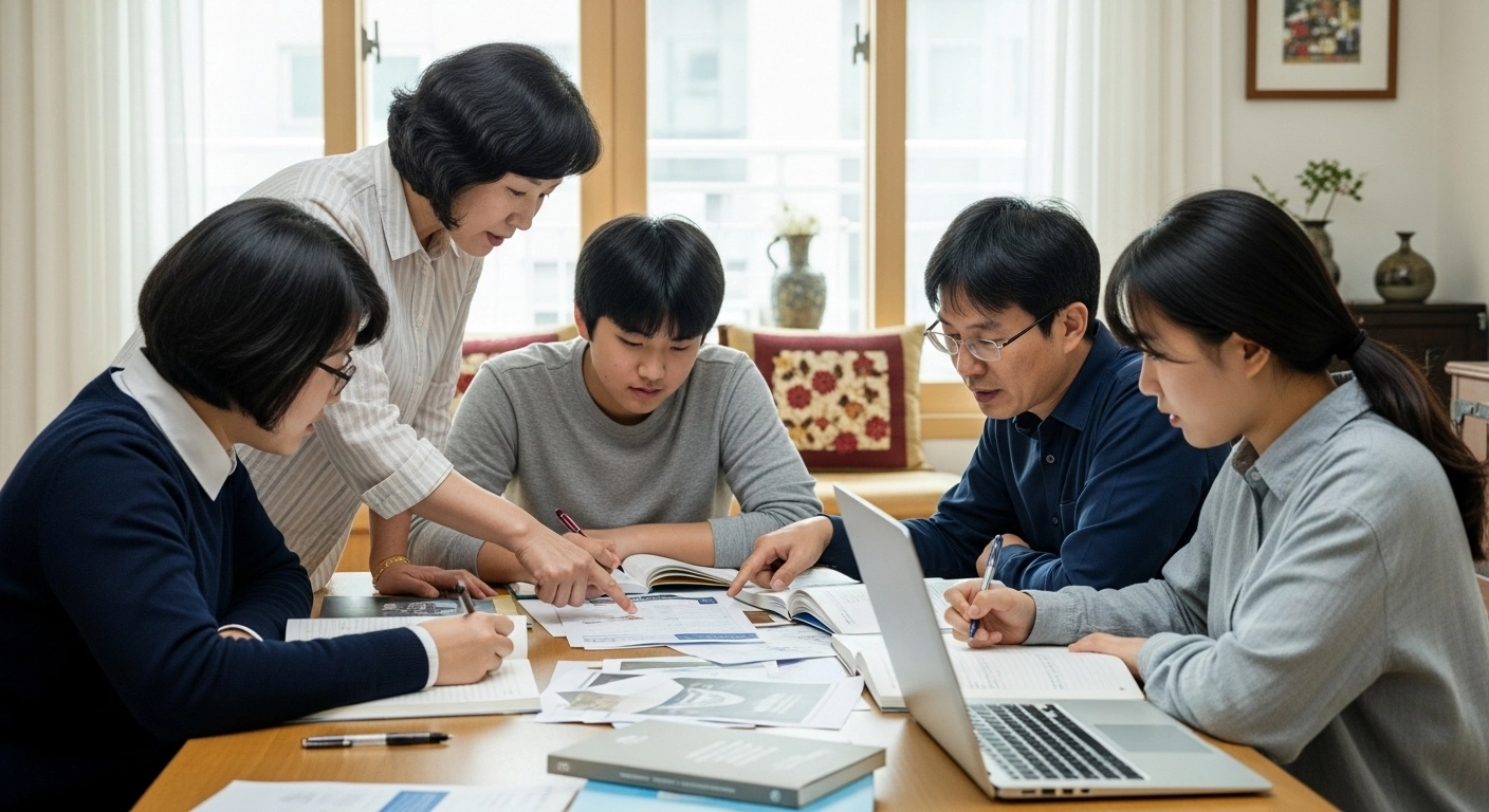 고등학생과 부모가 대학 모집요강을 분석하는 장면