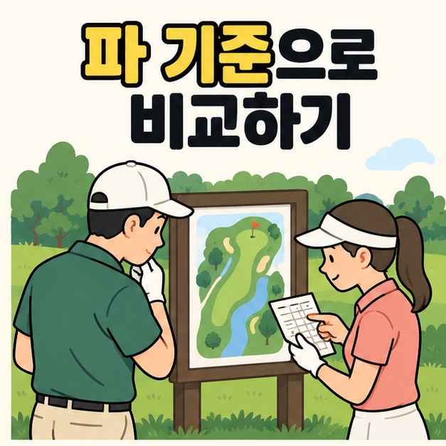 파 기준으로 비교하기라는 문구 아래 두 골퍼가 홀 안내판 옆에서 스코어카드를 함께 확인하는 그림
