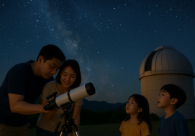 천문대에서 별을 관찰하는 가족
