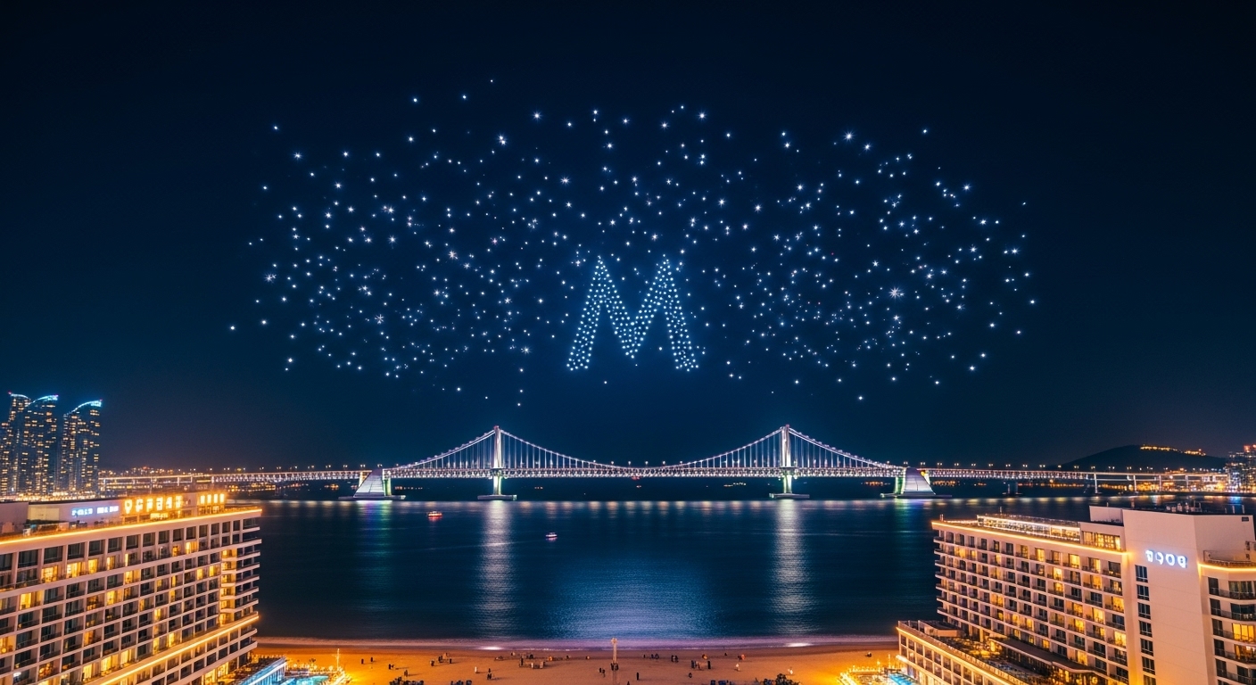 2025년 광안리 M 드론쇼가 펼쳐지는 밤하늘, 화려하게 빛나는 광안대교와 오션뷰 호텔들이 어우러진 부산 야경.