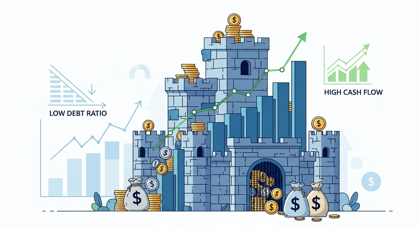 튼튼한 재무 구조를 상징하는 성채 모양의 안정적인 금융 차트. 낮은 부채와 풍부한 현금 흐름을 시각적으로 표현.