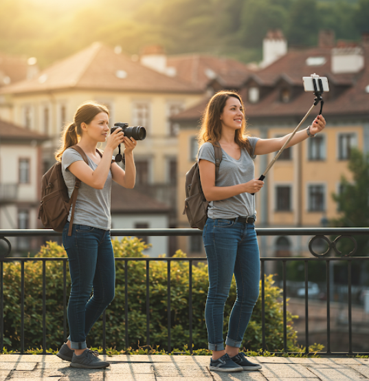 여성이 여행하며 사진 촬영을 하는 모습