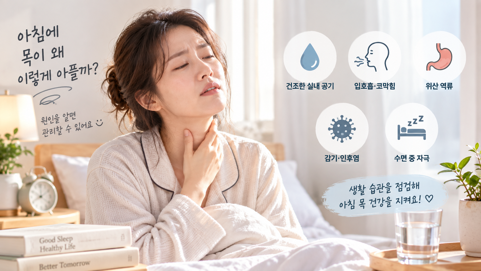 아침에 목이 아프고 입이 마를 때 수면 중 입호흡과 실내 건조를 확인하는 모습