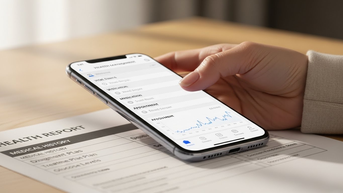 건강검진 결과 수치를 스마트폰 앱에 기록하여 체계적으로 관리하는 모습