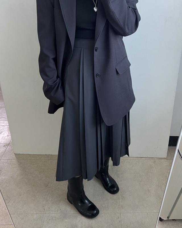 투 핀턱 플리츠 롱 스커트 ( 그레이 ) A라인 롱기장