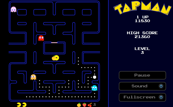 팩맨-게임하기-플레이-과일-아이템을-먹고-보너스-500점을-획득하는-화면