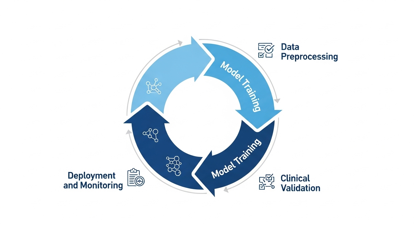 의료 AI 개발부터 임상 검증, 배포 및 모니터링까지 이어지는 순환 구조의 프로세스를 시각화한 인포그래픽