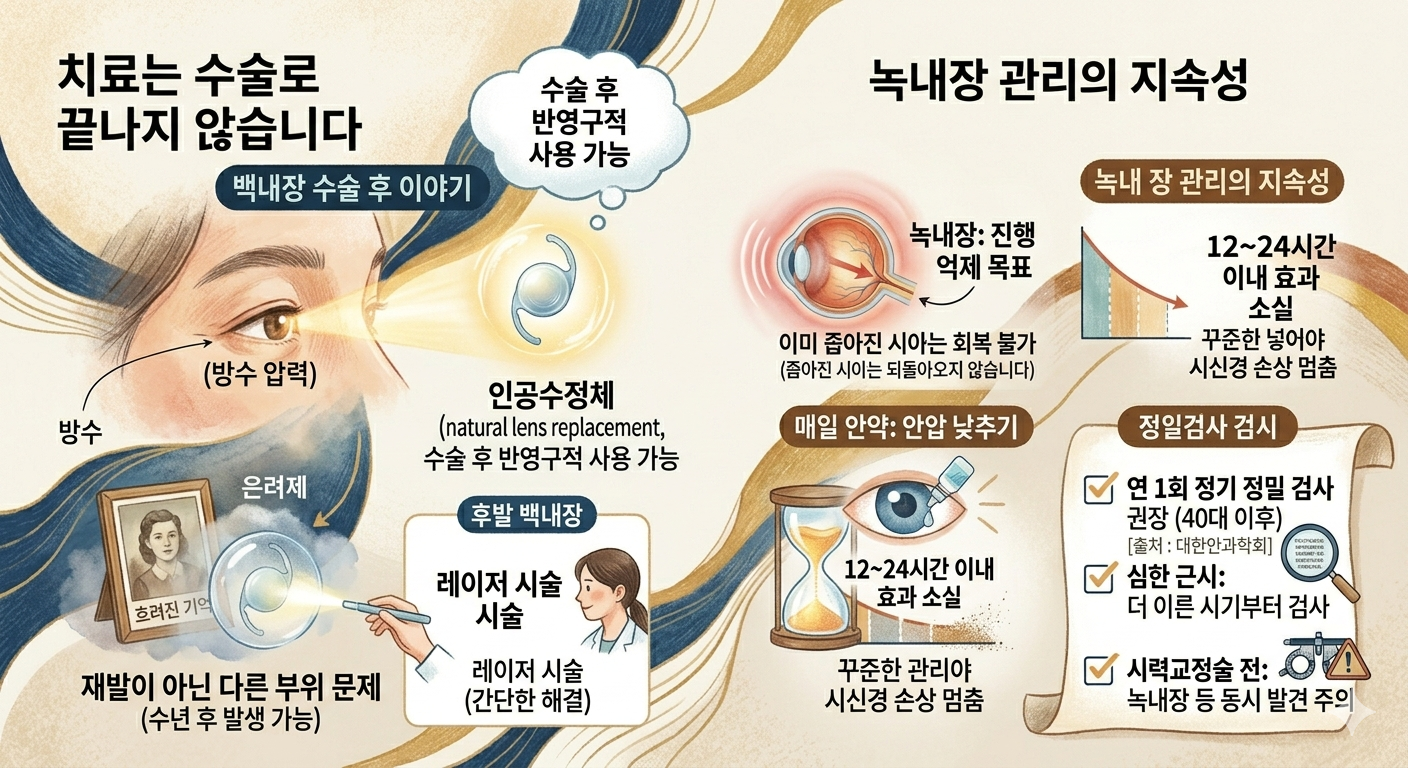 백내장, 녹내장(자각증상, 안압관리, 정기검진)