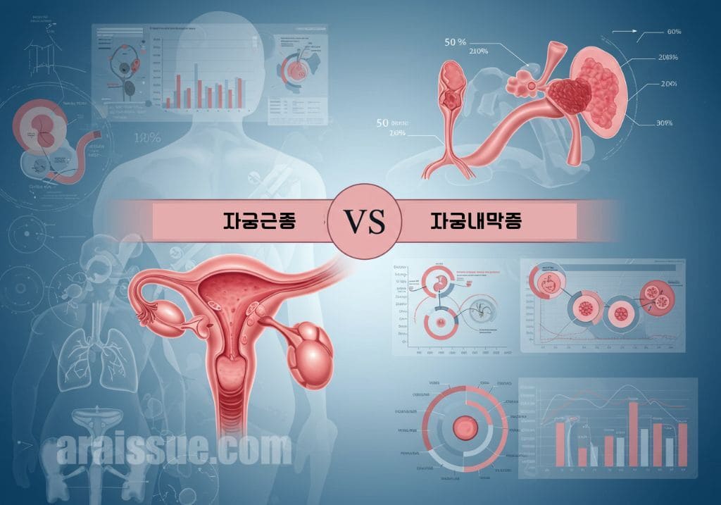 자궁근종과 자궁내막증을 비교하는 다이어그램과 인포그래픽이 있는 세미 리얼 일러스트입니다. 여성 건강 관련 차트와 모델이 배경에 있습니다.