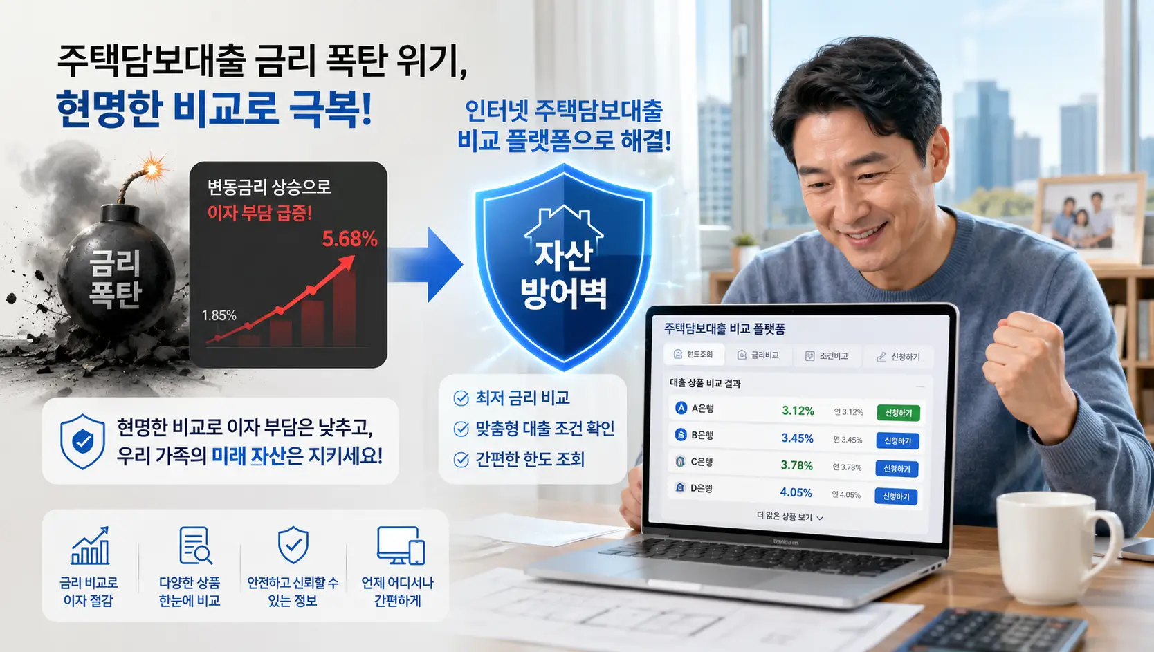 주택담보대출금리 폭탄 위기를 극복하고 인터넷 주택 담보 대출 비교 플랫폼으로 자산 방어벽을 확인하는 한국인 가장