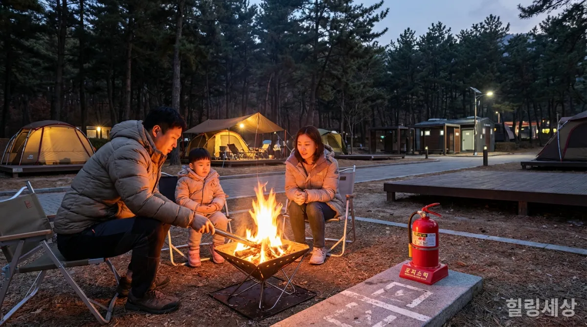 캠핑장에서 가족이 캠프파이어 주변에 소화기를 두고 안전하게 즐기는 모습
