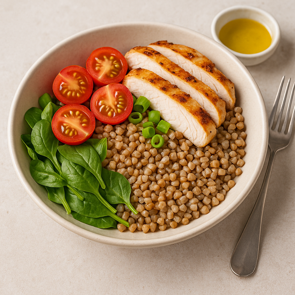 실사에 가까운 메밀그로츠 샐러드. 삶은 메밀그로츠 위에 닭가슴살, 방울토마토, 시금치, 쪽파가 올려져 있고 옆에는 올리브유 소스가 놓여 있는 건강한 한 끼.