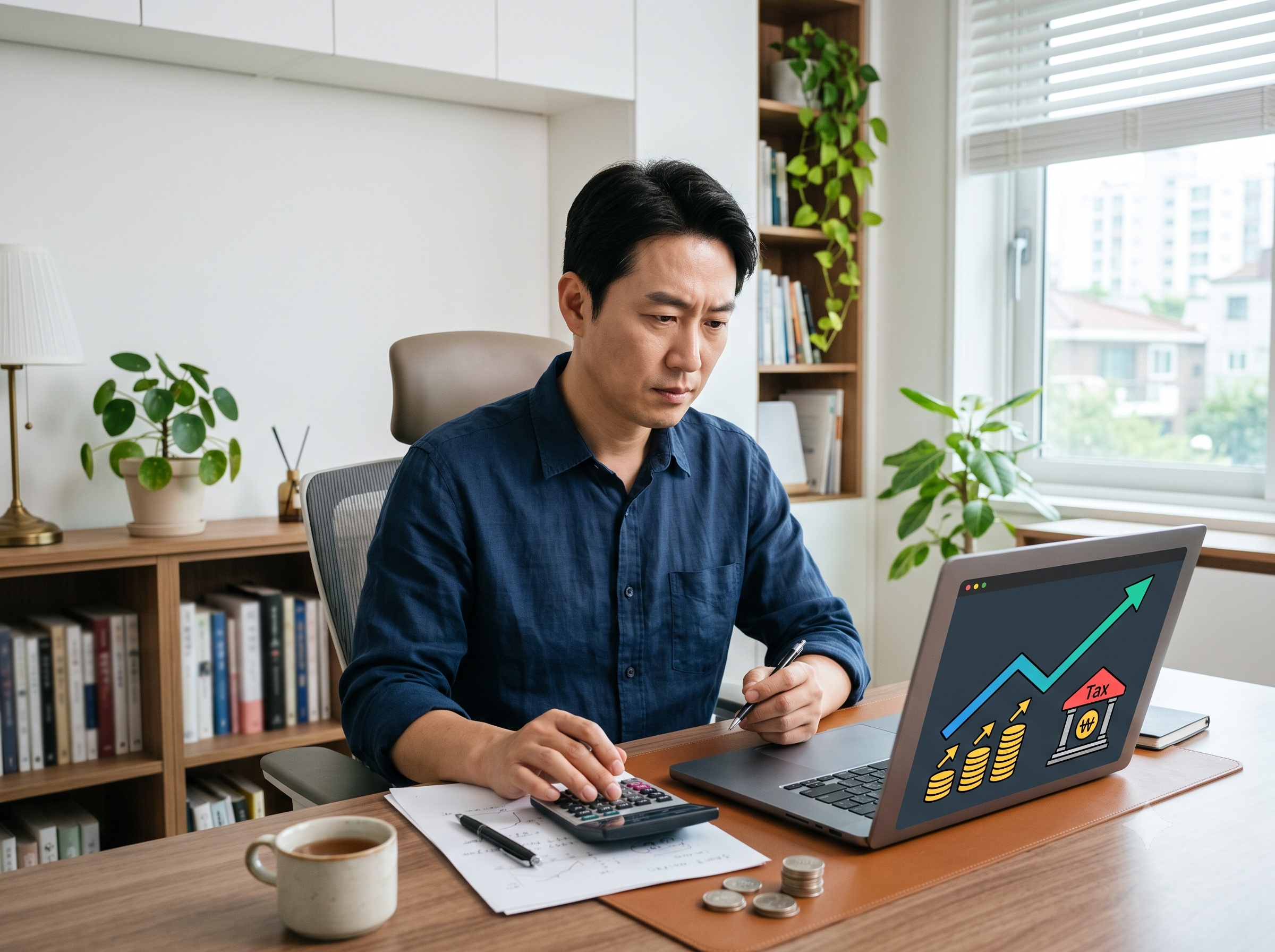 투자 수익과 예상 세금이 표시된 노트북을 보며 계산기를 두드리는 직장인의 모습
