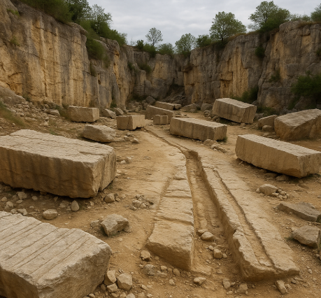고대 문명의 채석장과 그 속의 노동 흔적의 모습
