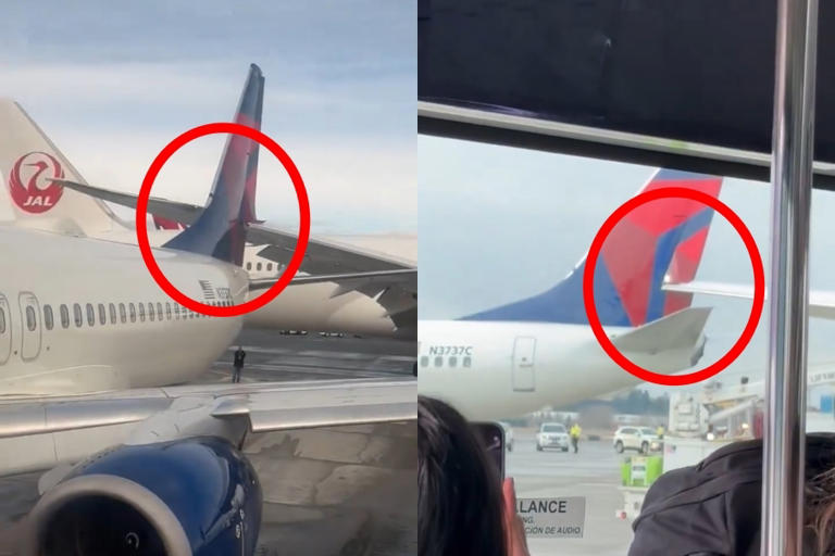 이 사진은 일본항공 항공기의 날개가 델타항공 항공기의 꼬리날개를 관통한 모습을 캡쳐한 사진입니다.