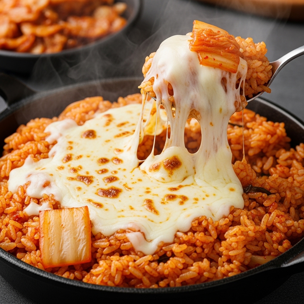 A visually appealing shot of a cheesy kimchi fried rice (치즈 김치볶음밥) in a hot pan or cast iron skillet, with melted mozzarella cheese bubbling on top. The kimchi fried rice has a vibrant red hue, and a few pieces of kimchi are visible. A spoon is scooping a portion, showing the stretchy cheese. The scene evokes comfort food, studio lighting.