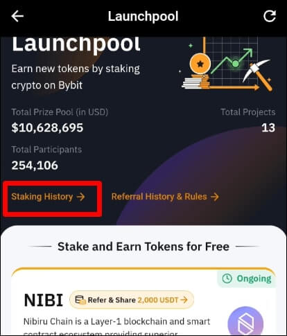 런치풀 스테이킹 내역을 보는 버튼을 가리키고 있다.