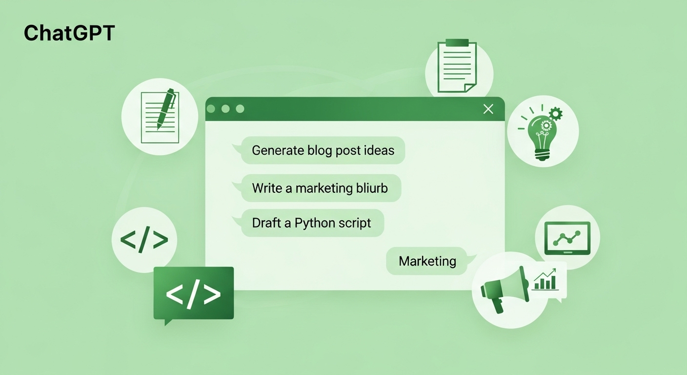 ChatGPT의 역할을 상징하는 깔끔한 채팅 인터페이스 이미지로, 글쓰기, 아이디어, 코딩 등 콘텐츠 제작 과정을 나타냅니다.