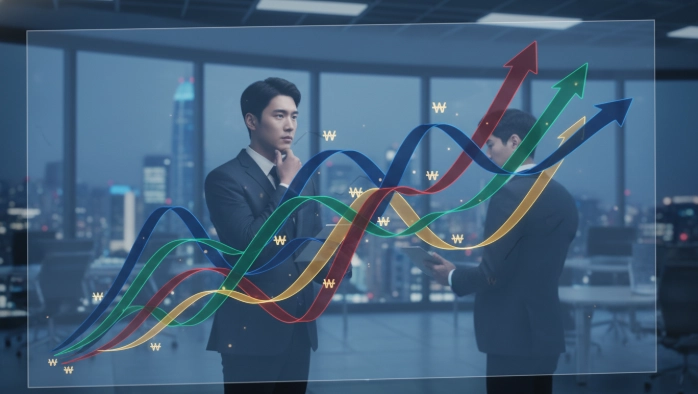 다양한 TDF 상품들의 과거 3년 수익률을 추상적인 차트 형태로 비교한 이미지