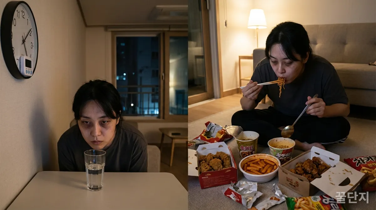 시계를 응시하며 단식 후 폭식하는 한국인의 모습