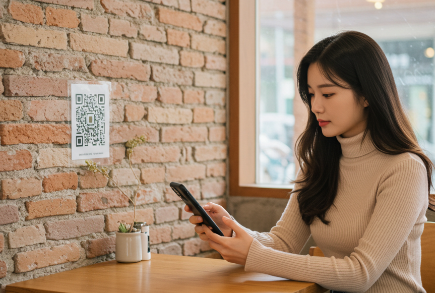이미지 생성 카페 여자 카메라 QR 코드 와이파이
