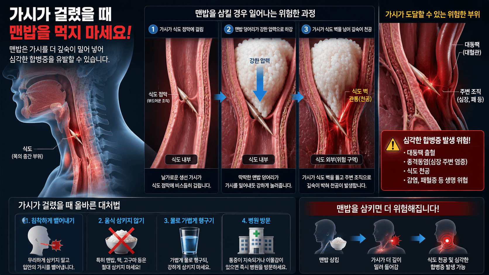 가시가 걸렸을때 맨밥을 먹으면 안되는 위험을 설명하는 이미지