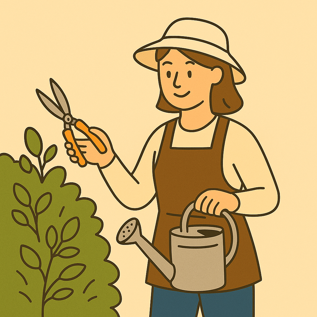 갈색 앞치마와 베이지 셔츠, 챙 넓은 모자를 쓴 여성 조경기능사가 한 손에는 가지치기용 전지가위를, 다른 손에는 물뿌리개를 들고 푸른 관목을 다듬으며 미소 짓는 플랫 일러스트