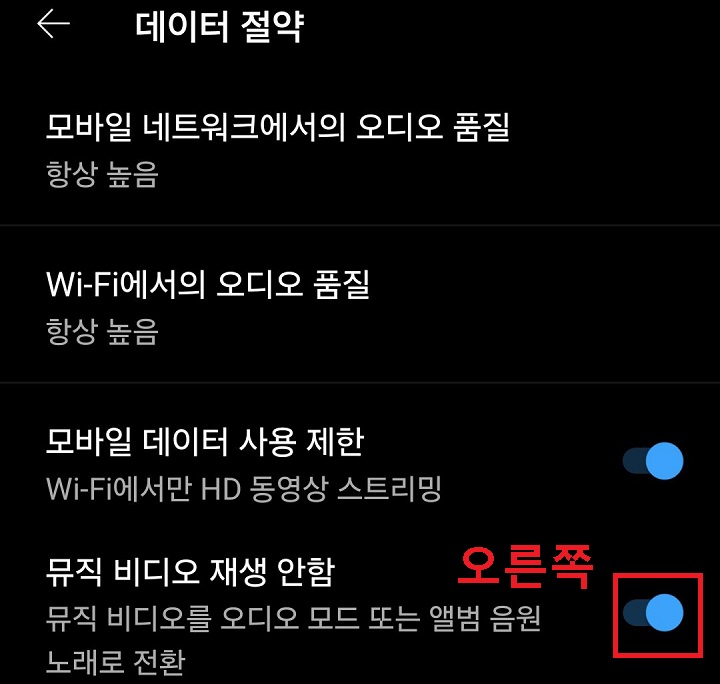 뮤직 비디오 재생 안함 메뉴 버튼 오른쪽으로 옮김