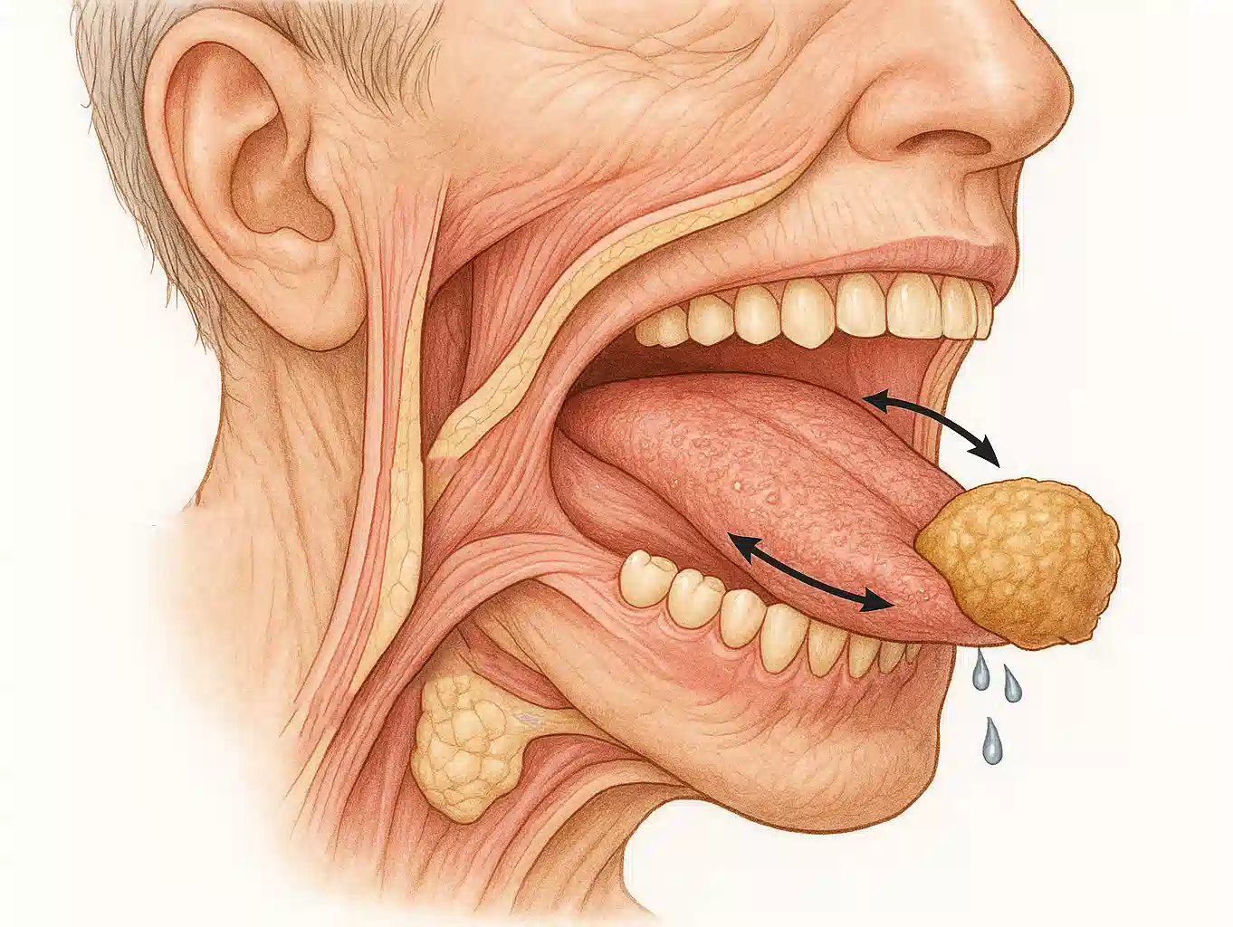 노화로 인해 약해진 턱 근육과 혀 근육, 침 분비가 줄어든 구강 단면