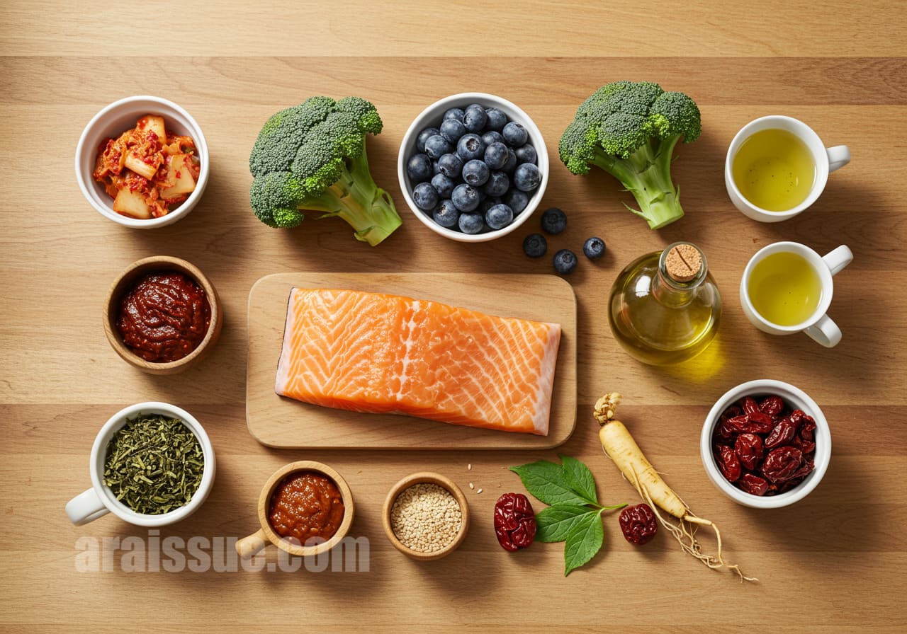 연어, 브로콜리 등 항염 식품이 나열된 식탁