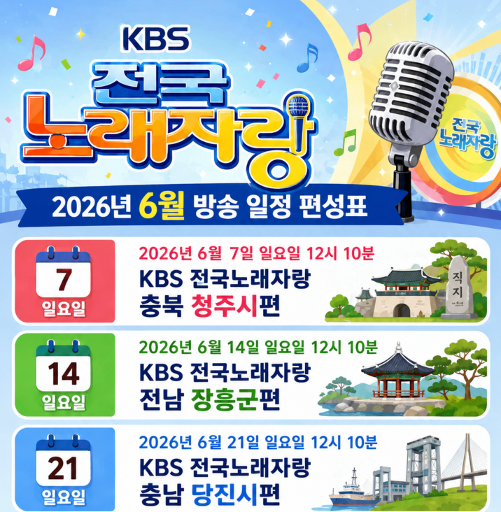 KBS 전국노래자랑 2026년 6월 방송 일정 편성표 충북 청주시·전남 장흥군·충남 당진시