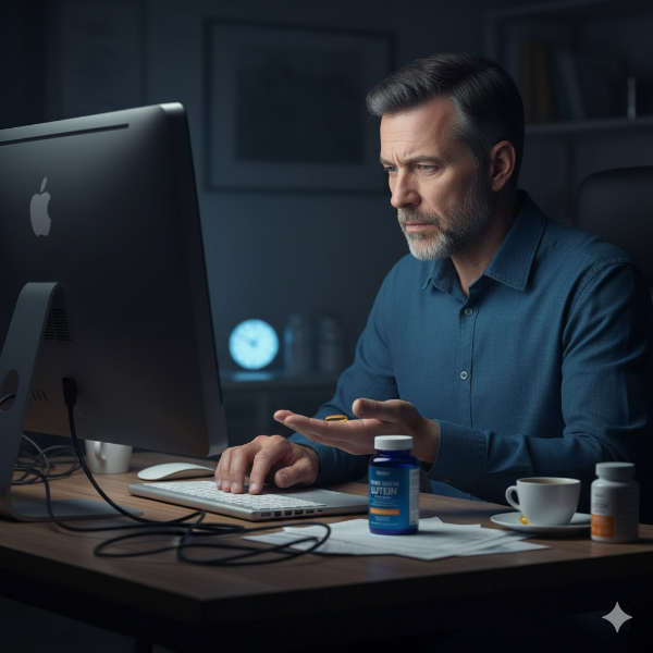 “노트북을 사용하는 40대 직장인” – 장시간 컴퓨터 앞에서 루테인 필요성 강조