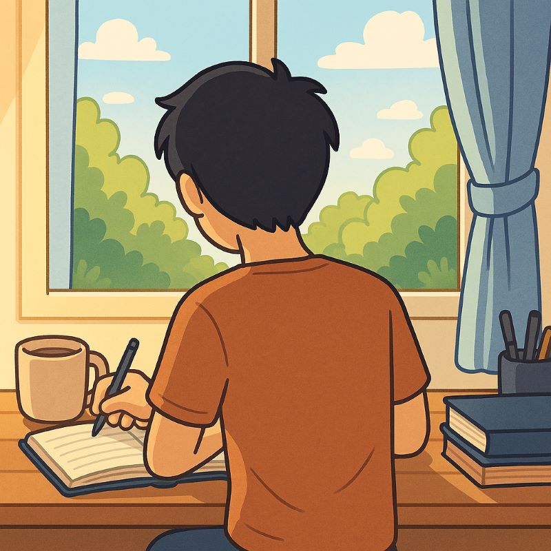 햇살 좋은 아침, 창가에 앉아 차분하게 노트를 펼쳐 무언가를 적고 있는 사람의 뒷모습