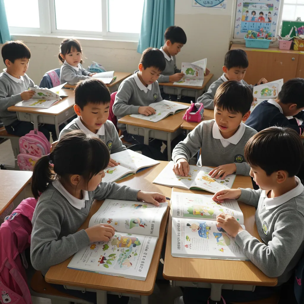 교실에서 책을 보는 초등학생들
