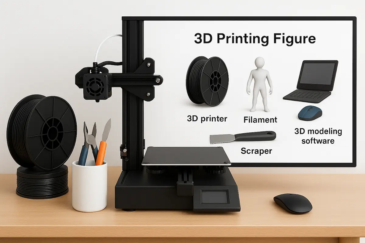 3D프린팅 피규어 제작을 위한 필수 도구와 장비가 정리된 컴퓨터 화면, 인물 없이 정보가 표시된 장면