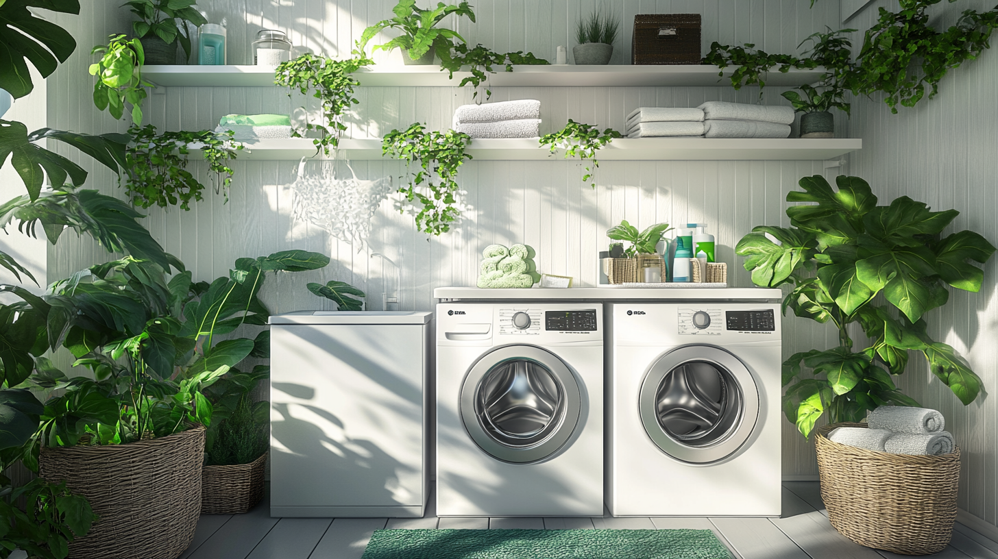 친환경적인 스칸디나비아 스타일의 세탁 공간. 자연을 주제로 한 장식과 푸른 식물, 재생 가능한 에너지 기기가 만들어내는 밝고 상쾌한 분위기.