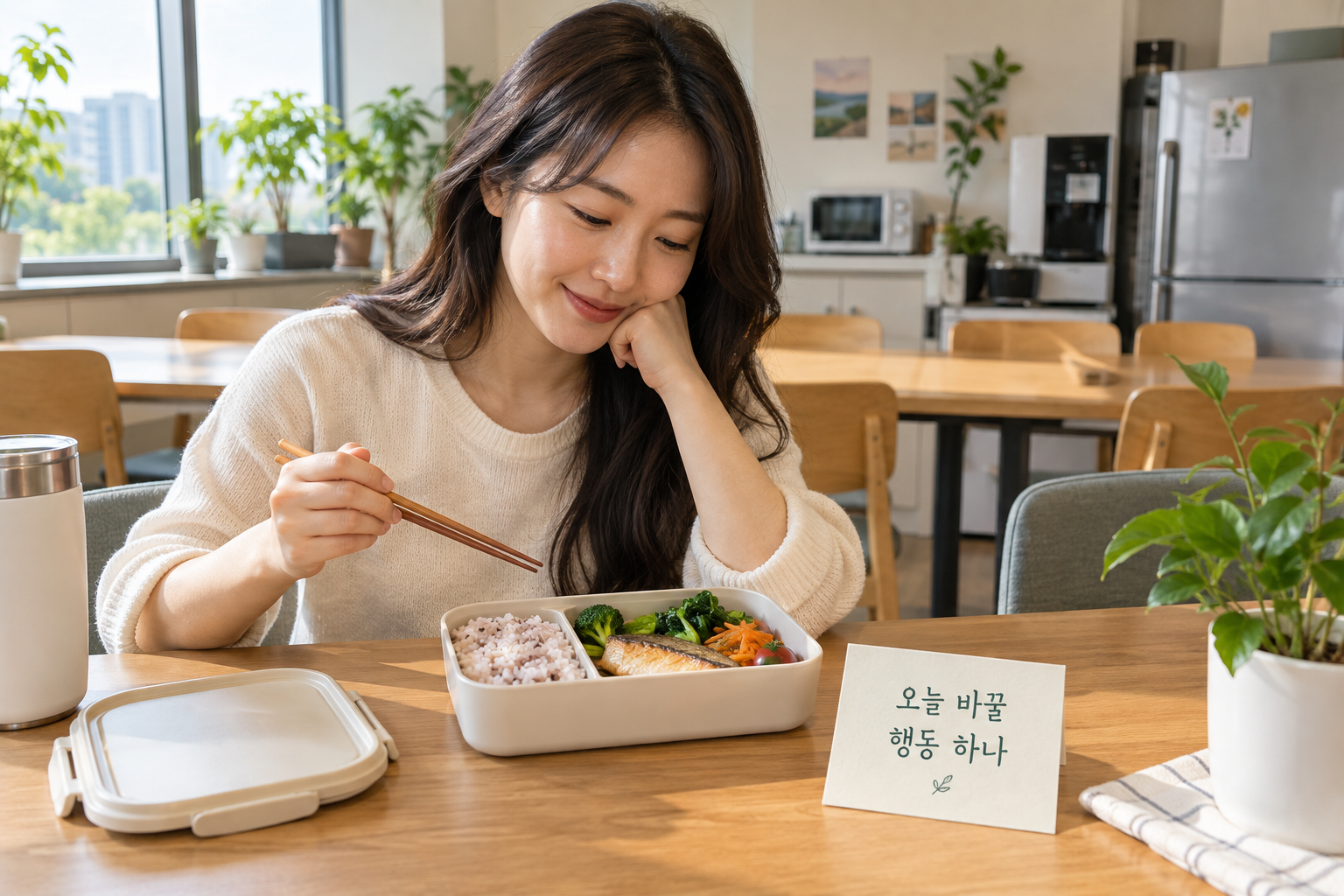업무 화면에서 떨어진 휴게공간의 점심과 오늘 실천을 적은 메모