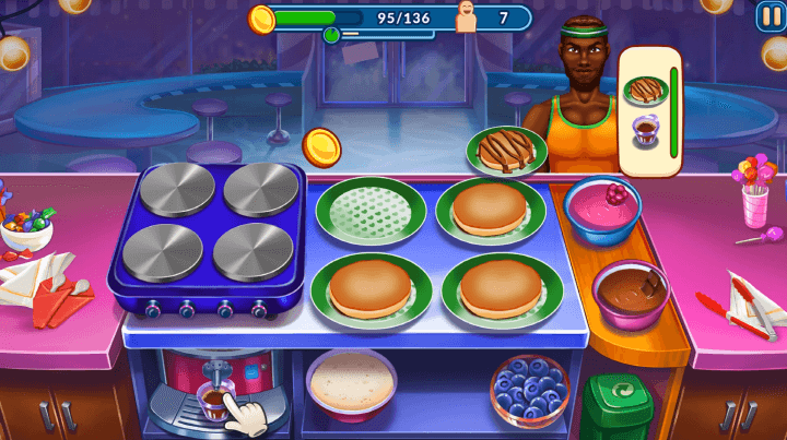 초코-팬케이크를-만들고-판매하여-수익금을-올리는-화면