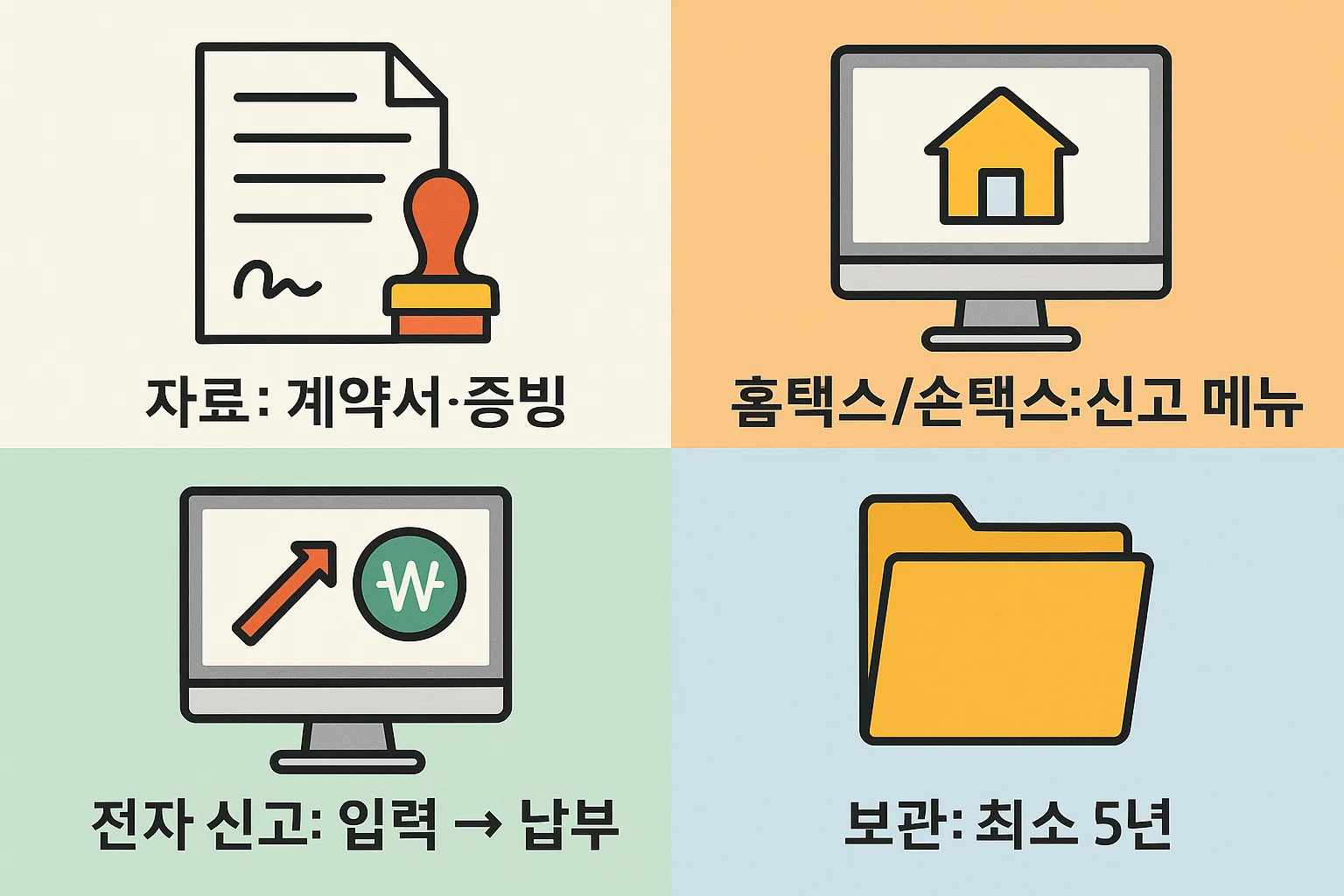 양도소득세 신고 시 필요한 자료인 계약서와 증빙을 준비하고, 홈택스와 손택스 신고 메뉴를 이용하여 전자 신고를 입력하고 납부하는 과정, 그리고 신고 후 최소 5년간 보관해야 하는 절차를 설명한 인포그래픽입니다.